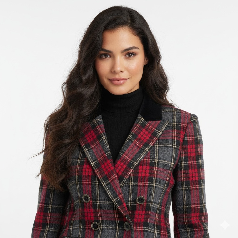 VTG Rena Rowan Saville Blazer Womens 14 Gray Red Double Breasted Plaid Academia‎